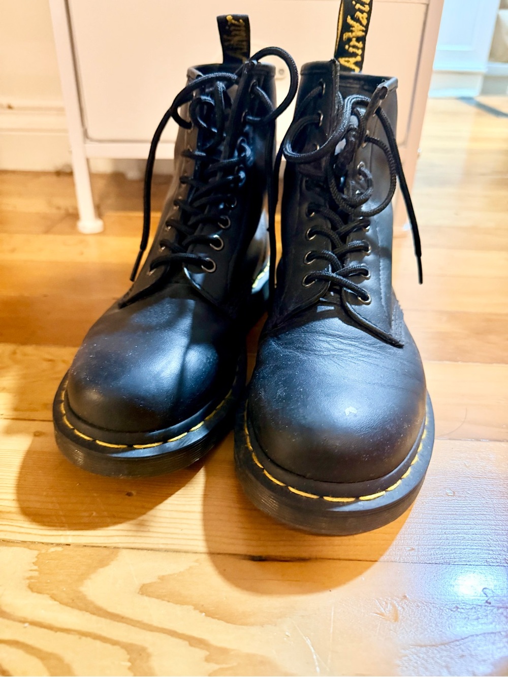 Dr. Martens Black Leather Lace-Up Boots with Yellow Stitching